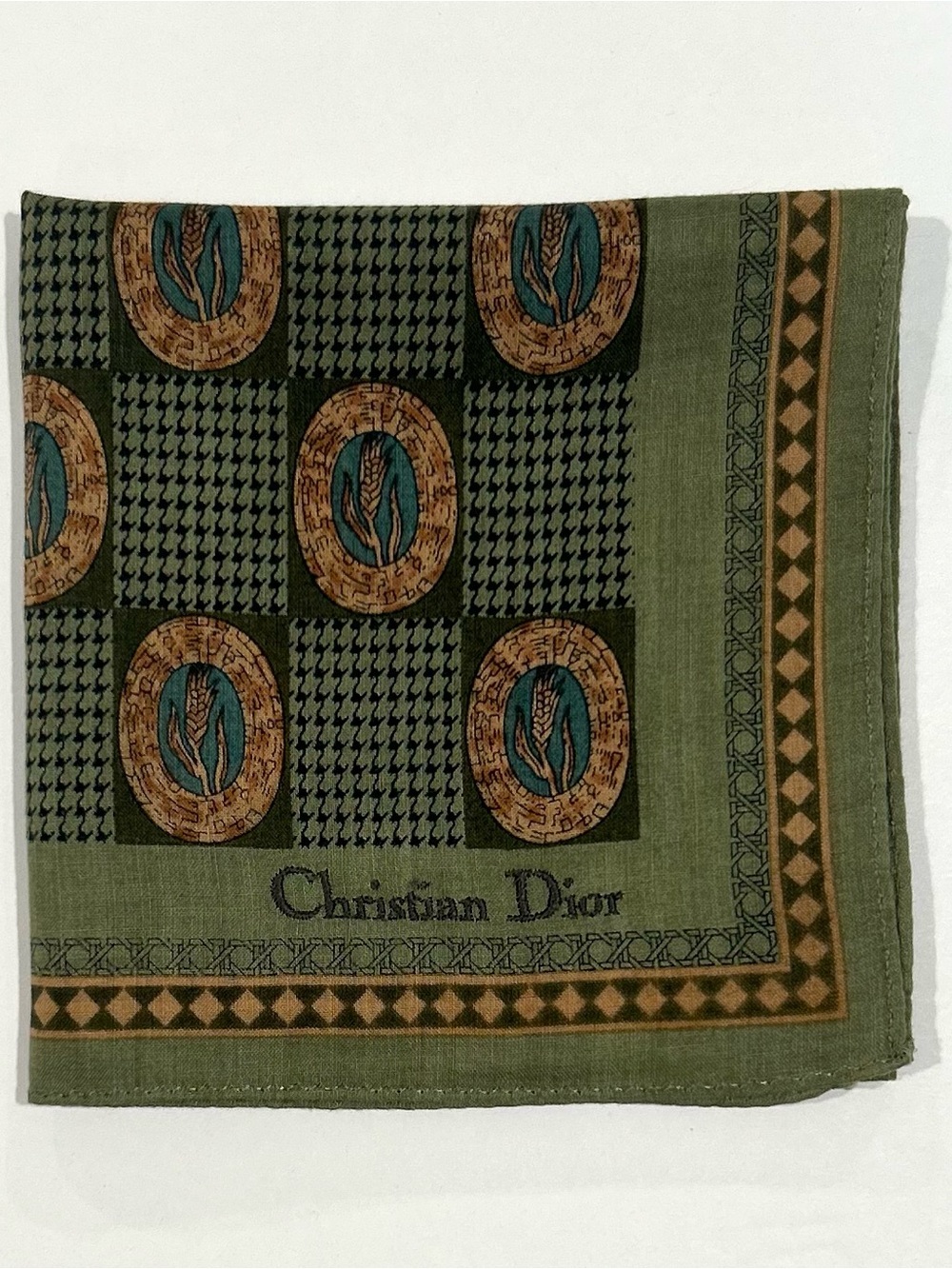 Handkerchief Man Christian Dior Check Green Gold Pocket Square Cotton 18”